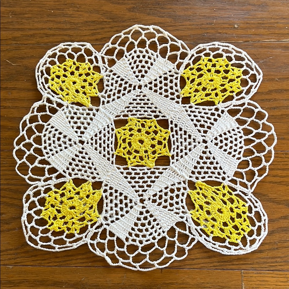 White and Yellow Crochet Accent Doily with Intricate Lace Pattern